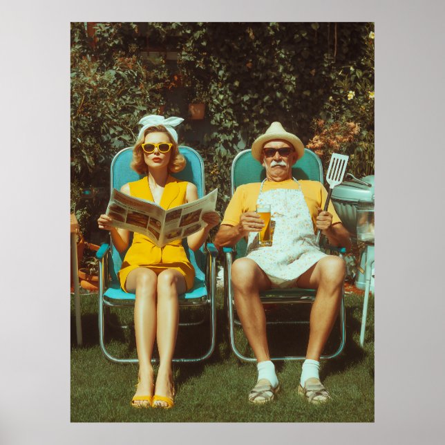 Retro-Gartengrill-Szene mit stilvollem Paar Poster (Vorne)