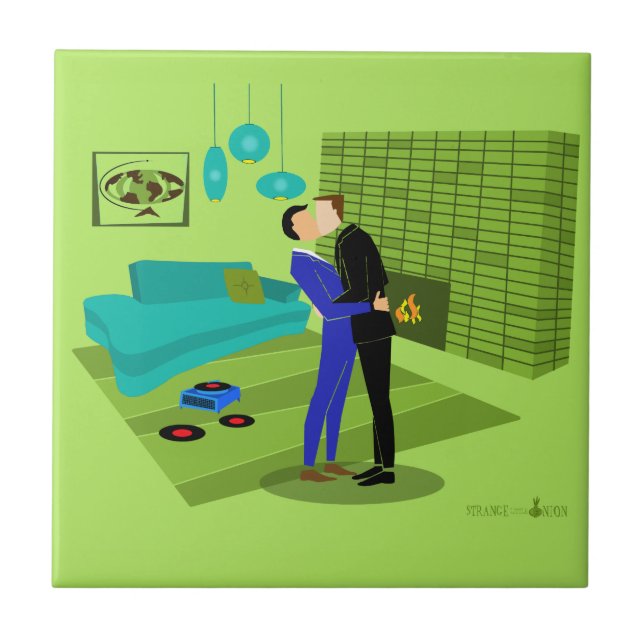 Retro Gay Couple in Liebe Fliese (Vorderseite)