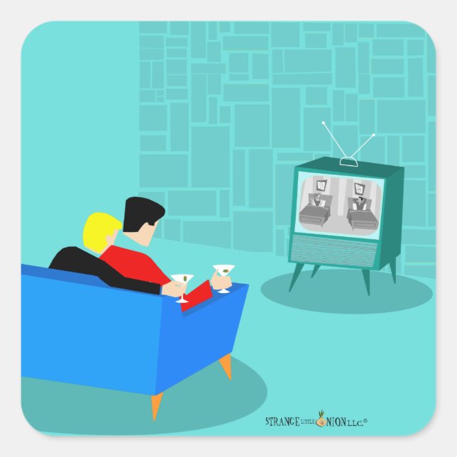 Retro Gay Couple Watching TV Square Sticker (Vorderseite)