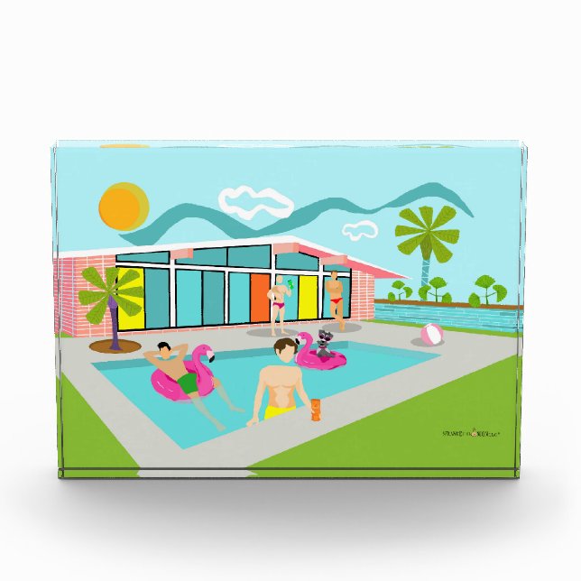 Retro Gay Pink Flamingo Pool Party Fotoblock (Vorderseite)