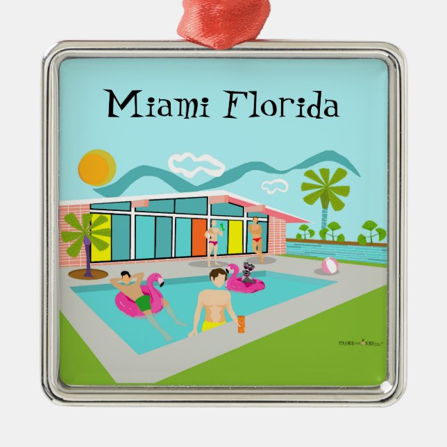 Retro Gay Pink Flamingo Pool Party Miami Ornament Aus Metall (Vorne)