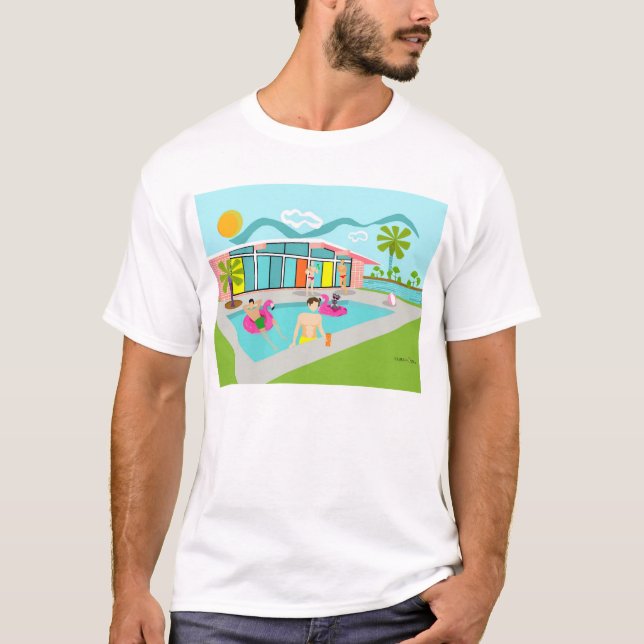 Retro Gay Pink Flamingo Pool Party T-Shirt (Vorderseite)