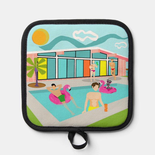 Retro Gay Pink Flamingo Pool Party Topflappen (Vorderseite)