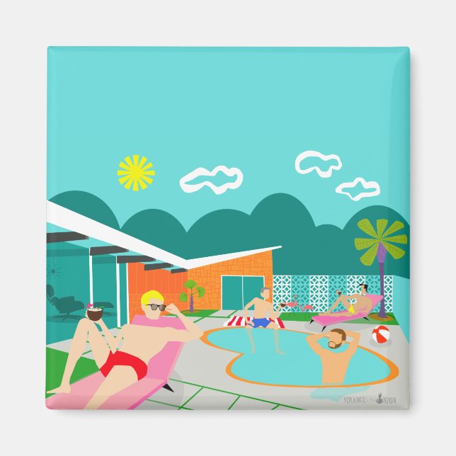 Retro Gay Pool Party Square Magnet (Vorne)