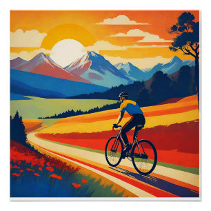 Retro-Gebirgslandschaft-Illustration Radfahrer Poster