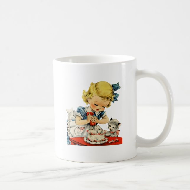 Retro Geburtstags-Mädchen-Kuchen-Katzen-Grafik Kaffeetasse (Rechts)