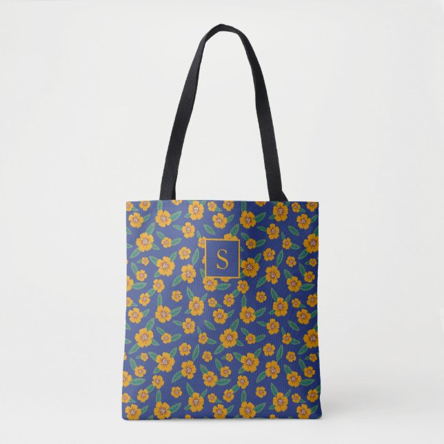 Retro Gelbe Blumen Muster Monogramm Navy (Vorderseite)
