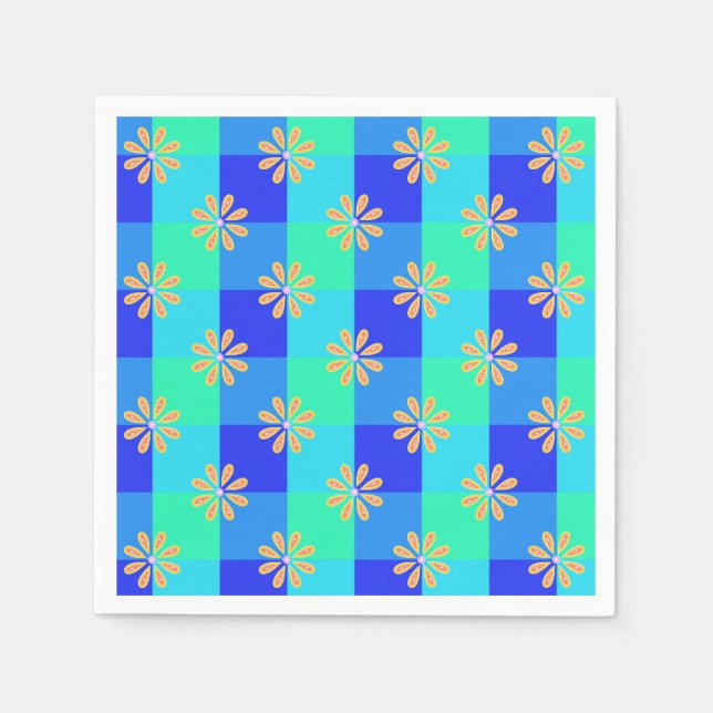 Retro Gelbe Blüten Karomuster Serviette (Vorderseite)