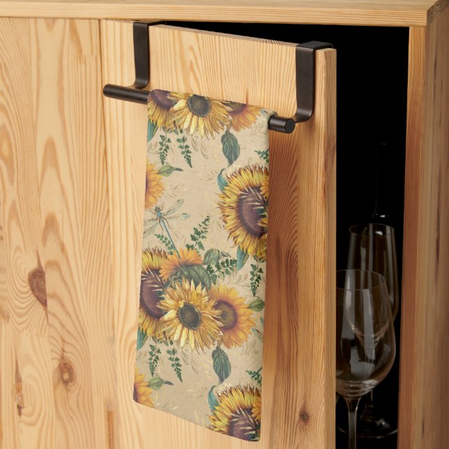 Retro Gelbe Sonnenblumen Bouquet Dragonflies Geschirrtuch (Drittel gefaltet)