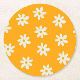 Retro Gelbes weißes Blumenmuster Einfaches Muster Runder Pappuntersetzer