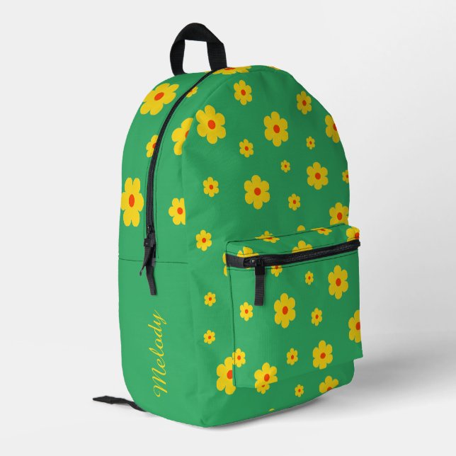 Retro Gelbgrün Daisy Vintages Blumenmuster Bedruckter Rucksack (Rückseitige Ecke links)