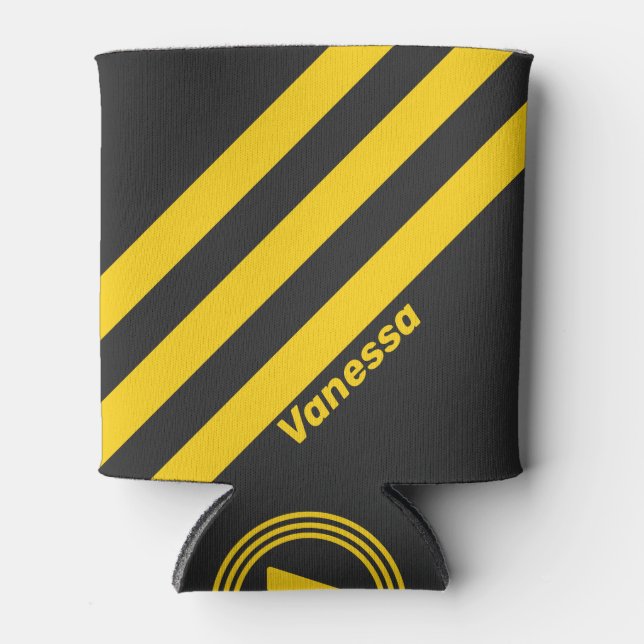 Retro-Gelbjacke Drei Streifen mit Namen Dosenkühler (Vorderseite)
