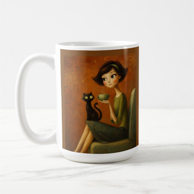 Retro Gemütlicher Morgen Schwarze Katze Ästhetik Kaffeetasse (Links)