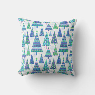 Retro Geo Scandi Weihnachtsbaumen Blue & Green Kissen