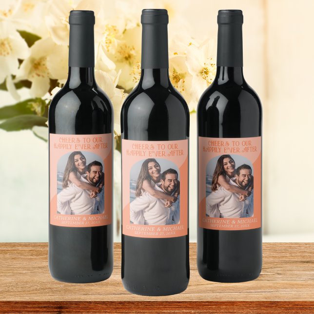 Retro Geometric 70's Arch Peach & Orange Wedding Weinetikett (Von Creator hochgeladen)