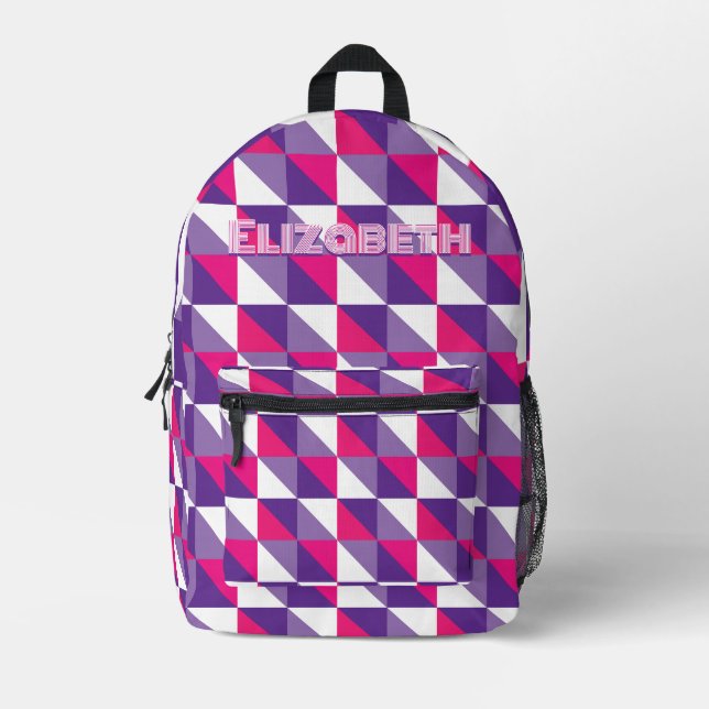 Retro Geometric Abstract Pink Purple & White Name Bedruckter Rucksack (Vorderseite)