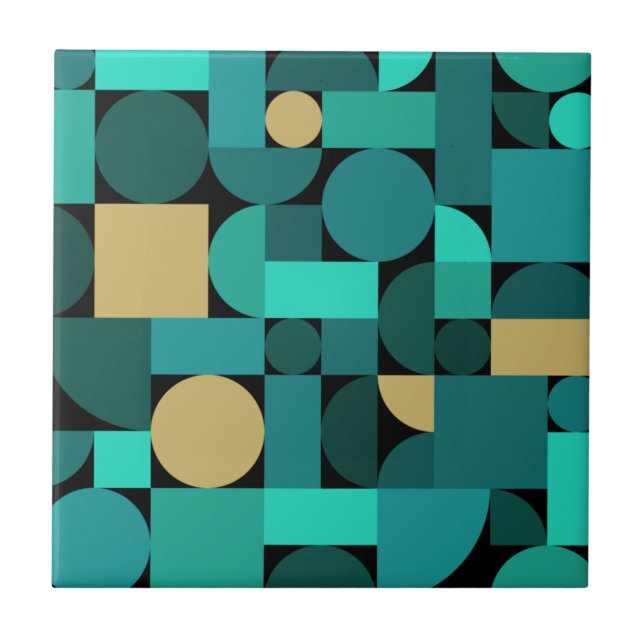 Retro Geometric Art Aquamarin Gold Fliese (Vorderseite)