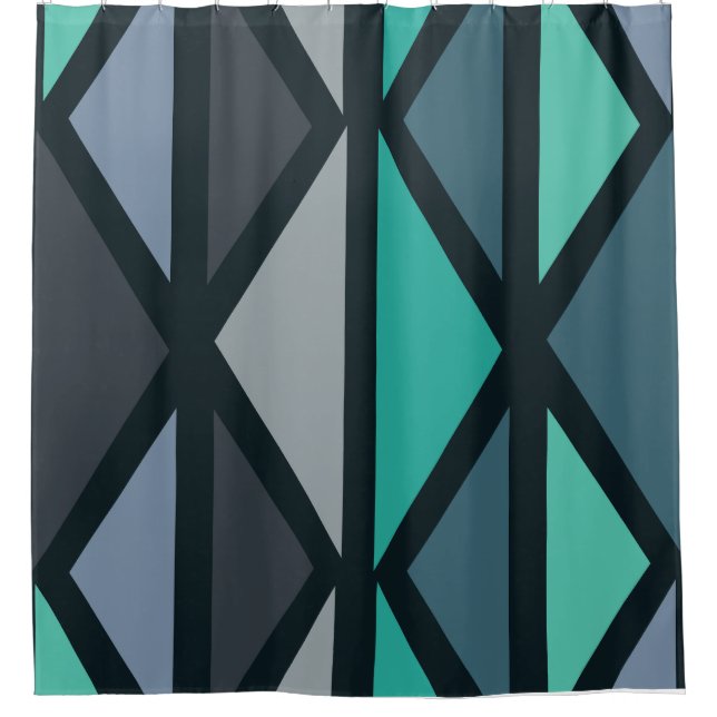 Retro Geometric Art Dreiecke Schwarz Aquamarin Duschvorhang (Vorderseite)