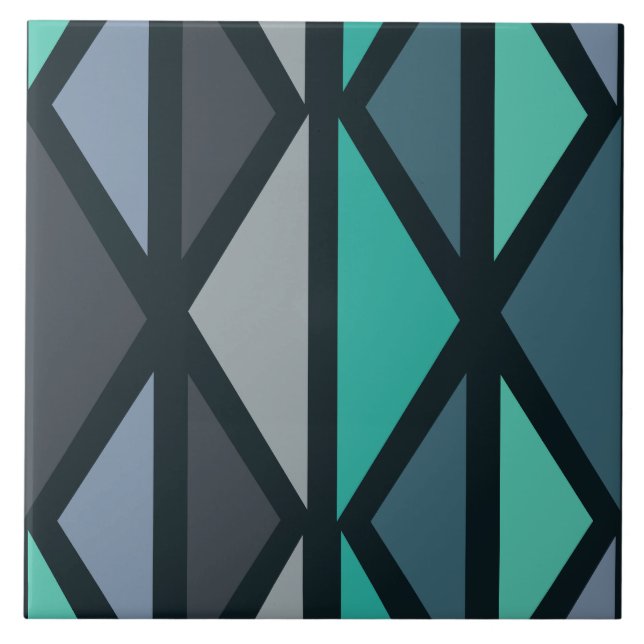 Retro Geometric Art Dreiecke Schwarz Aquamarin Fliese (Vorderseite)
