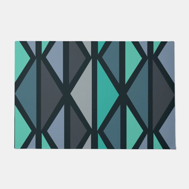 Retro Geometric Art Dreiecke Schwarz Aquamarin Fußmatte (Vorderseite)