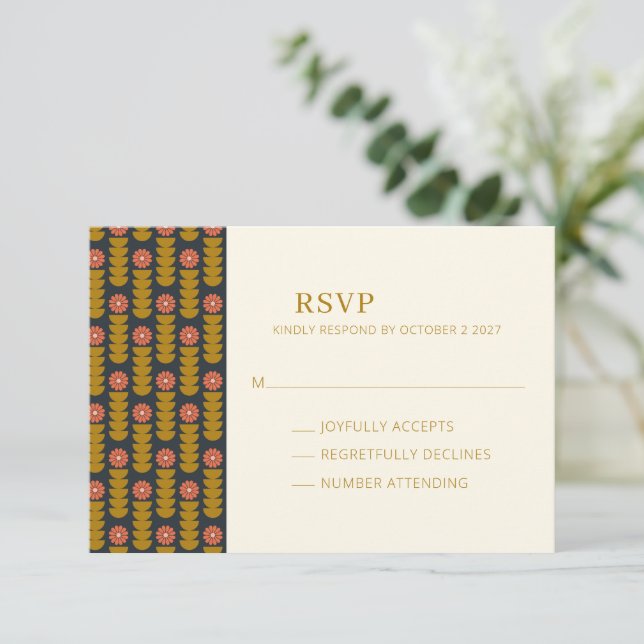Retro Geometric Botanical Gold Navy Hochzeit RSVP Karte (Stehend Vorderseite)