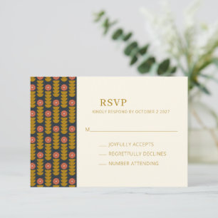 Retro Geometric Botanical Gold Navy Hochzeit RSVP Karte