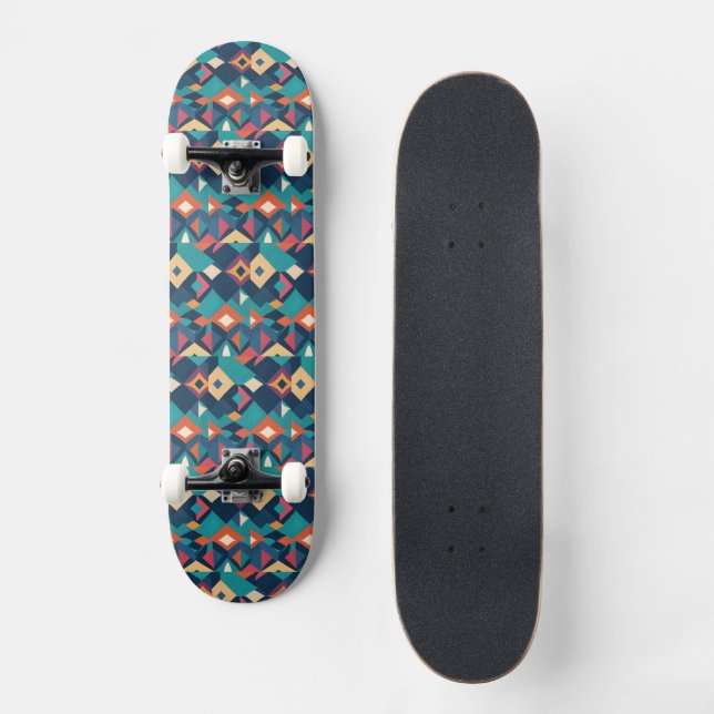 Retro Geometric Diamonds in Teals Yellows Orange Skateboard (Vorderseite)