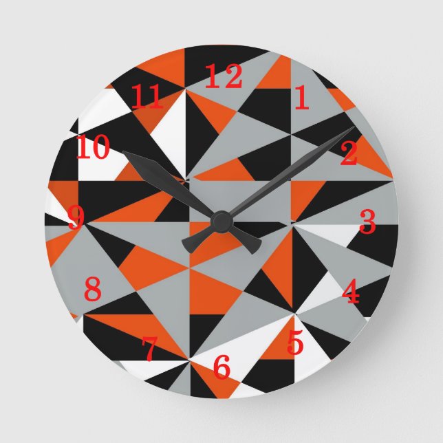 Retro Geometric Funky Orange Gray Black Pattern Runde Wanduhr (Vorderseite)