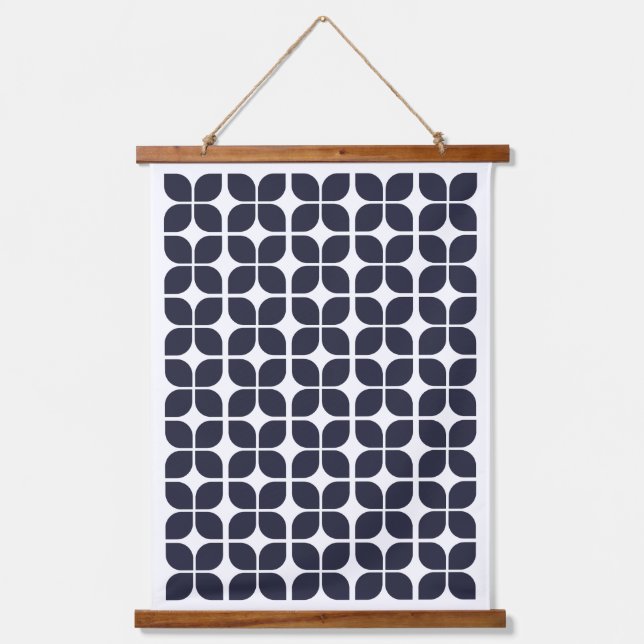Retro Geometric Leaf Muster Navy Blau Wandteppich Mit Holzrahmen (Vorderseite)