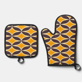 Retro geometric pattern yellow and brown leaf ofenhandschuh & Topflappen-Set