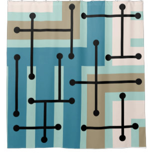Retro Geometrie Art Maze Turquoise Gold Duschvorhang