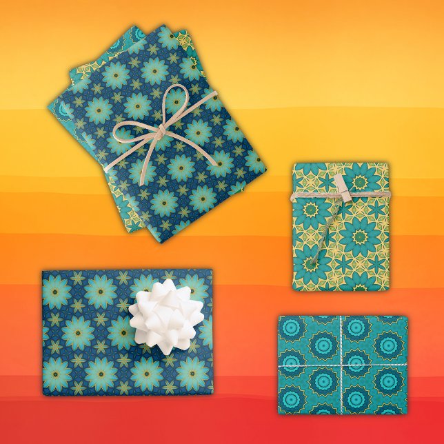 Retro Geometrische Blume Gelb blau, Aquamarin Geschenkpapier Set (Von Creator hochgeladen)