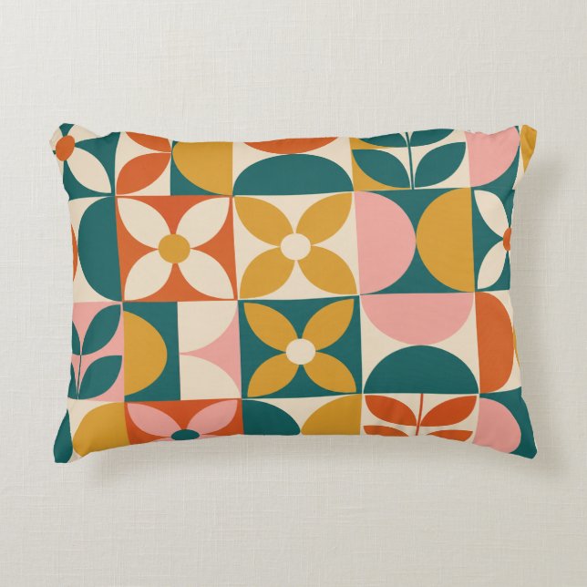 Retro-geometrische Blumen-Patchwork Dekokissen (Vorderseite)