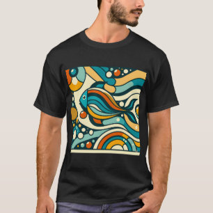 Retro-geometrische Fisch-Abstrakte Wellen in Türki T-Shirt