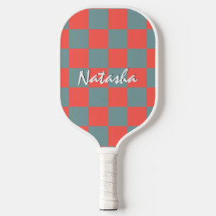 Retro-geometrische Quadrate Rot-Grau-Schachbrettmu Pickleball Schläger