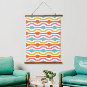 Retro-geometrische Wellen Orange Pink Türkis Gelb Wandteppich Mit Holzrahmen