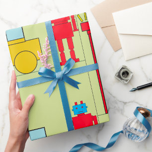 Retro-geometrischer Roboter und gelbes Auto Geschenkpapier