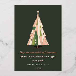 Retro geometrischer Weihnachtsbaum Blush Waldgrün Folien Feiertagskarte