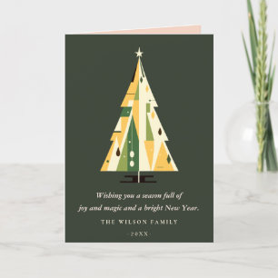 Retro geometrischer Weihnachtsbaum Gelb Waldgrün Feiertagskarte