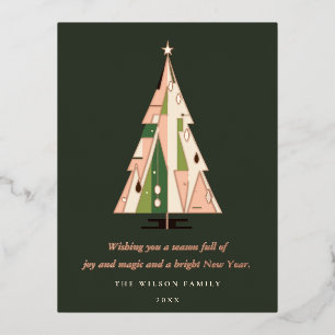 Retro geometrischer Weihnachtsbaum Rotwald Grün Folien Feiertagspostkarte