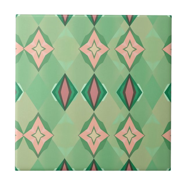 Retro geometrisches Muster Grün Pink Diamant Stern Fliese (Vorderseite)