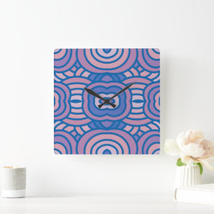 Retro geometrisches Muster in Blau und Rosa Quadratische Wanduhr