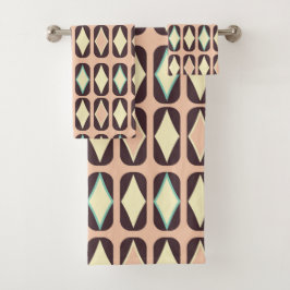 Retro-geometrisches Muster in Braun, Gelb und Blau Badhandtuch Set