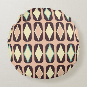 Retro-geometrisches Muster in Braun, Gelb und Blau Rundes Kissen