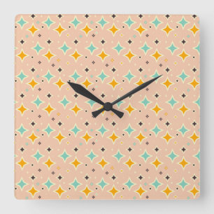 Retro-geometrisches Muster in Türkis, Orange, Schw Quadratische Wanduhr