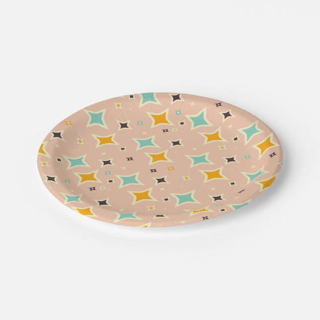 Retro-geometrisches Muster mit Türkis, Orange und  Pappteller (Schrägansicht)