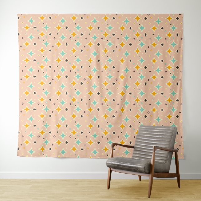 Retro-geometrisches Muster mit Türkis, Orange und  Wandteppich (Beispiel (Horizontal))