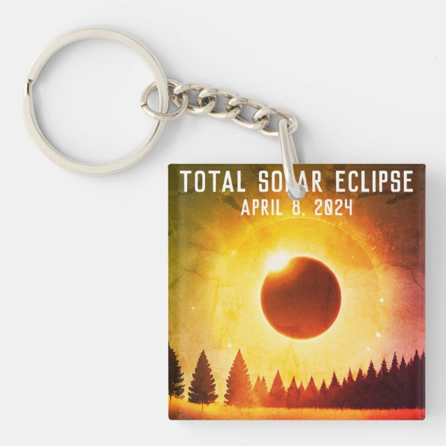 Retro Gesamte Sonnenfinsternis 8. April 2024 Lands Schlüsselanhänger (Vorderseite)