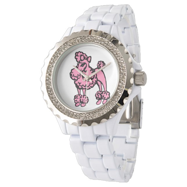 Retro-Geschenk für Frauen Rosa Poodle Armbanduhr (Schrägansicht)