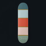 Retro gestreift skateboard<br><div class="desc">Retro inspirierte vertikale gestreifte Gestaltung in aquamarinen und Salbei-Tönen mit Orange,  Weich-Rosa und Gold. Vollständig anpassbar mit Ihrem Namen,  Initialen oder Monogramm.</div>